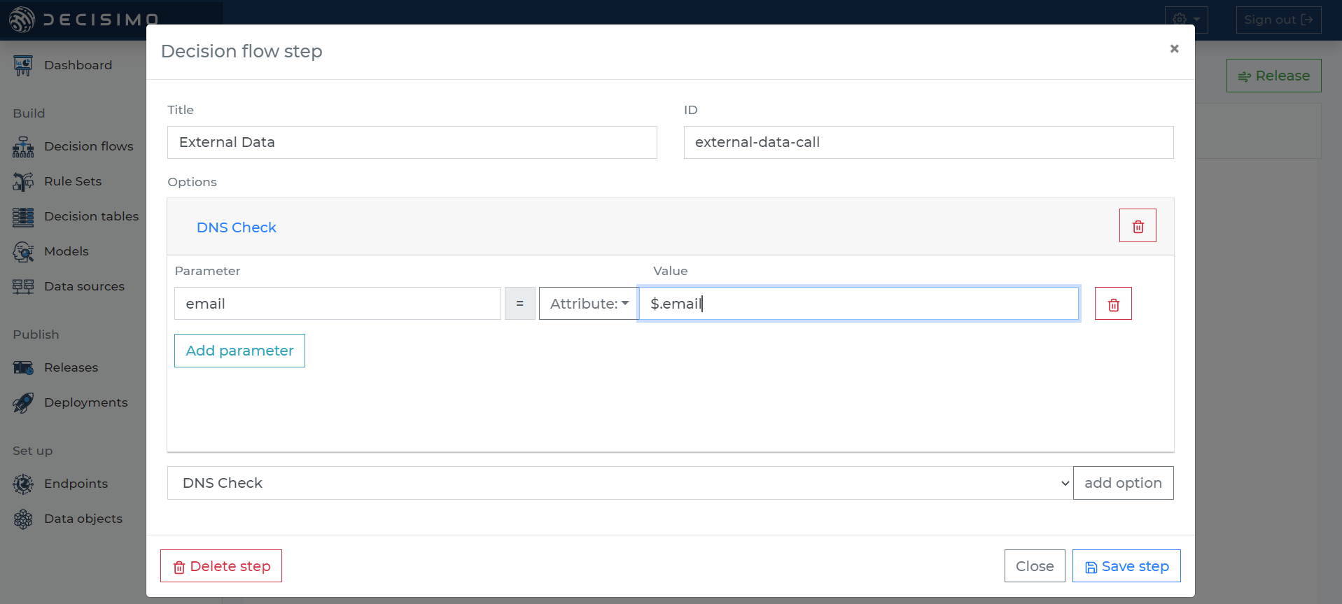 Defining decision step for external data in a decision flow