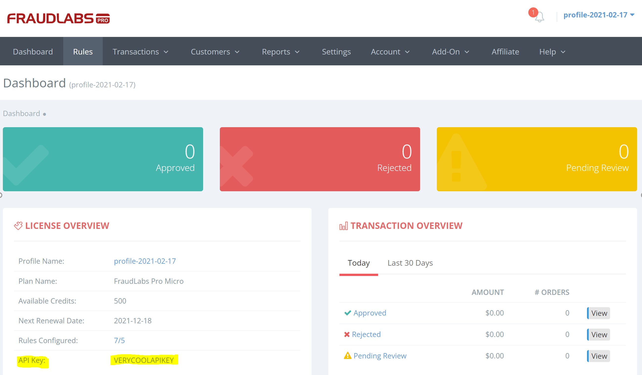 FraudLabs Pro Dashboard