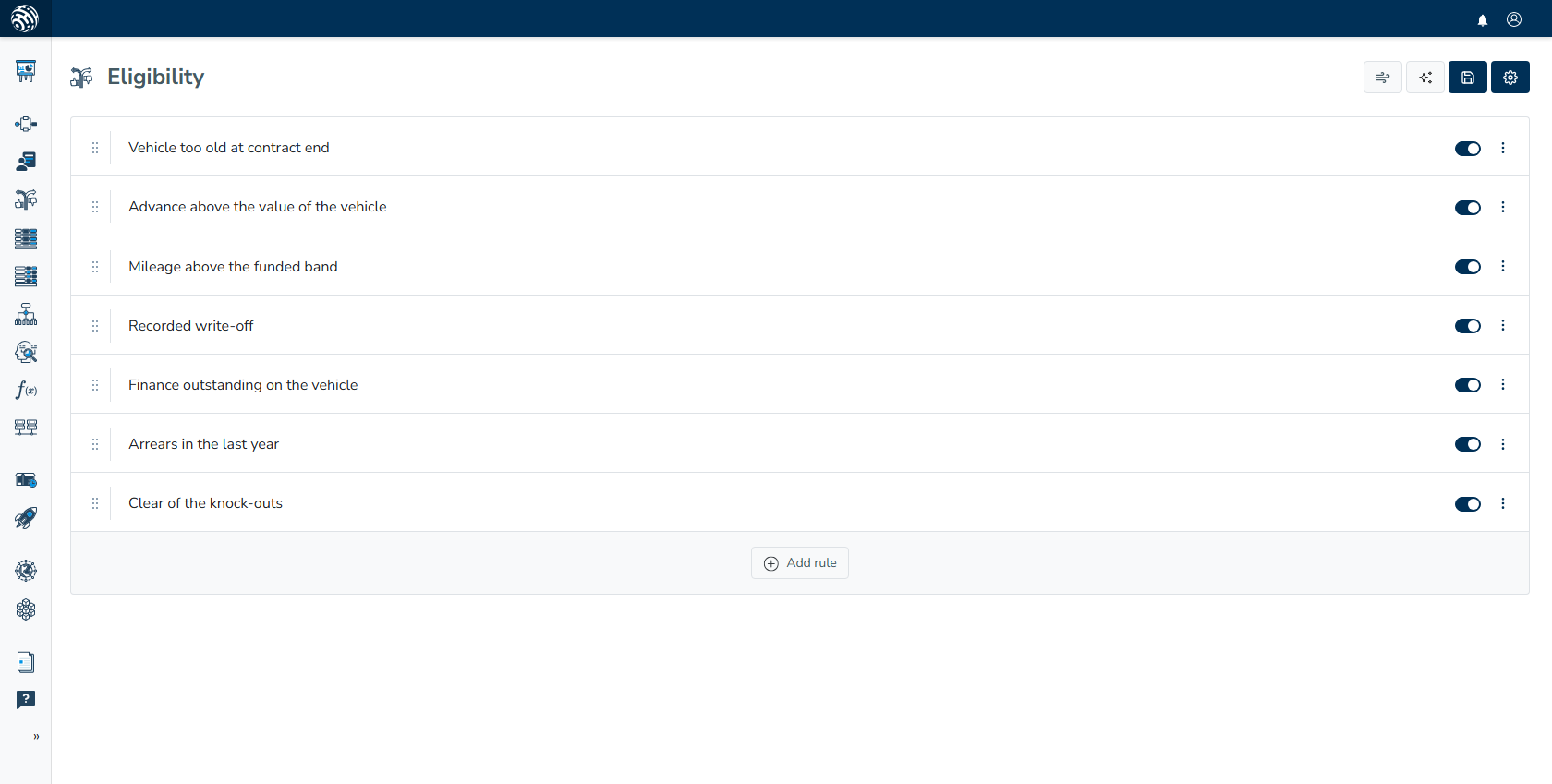 Eligibility screen lists vehicle rules for age, advance, mileage, write-off, outstanding finance, arrears and knock-outs