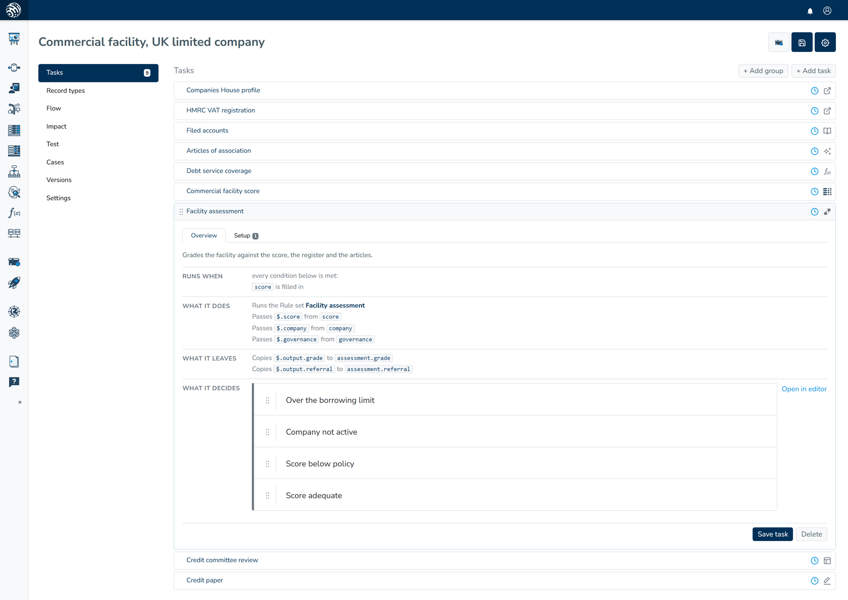 Facility assessment task showing its conditions, inputs, outputs and four decisions in a case file