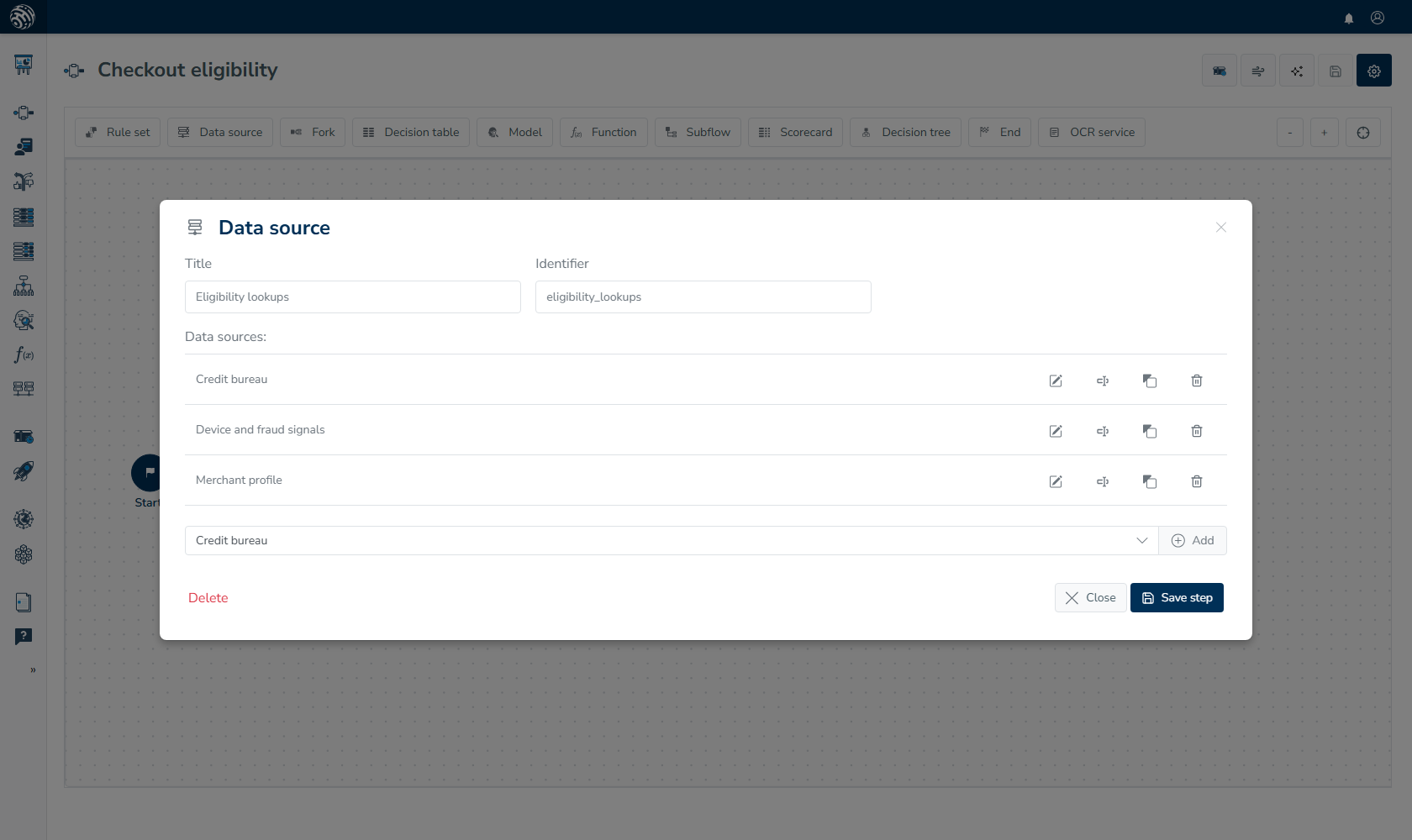 Data source dialog for eligibility lookups lists credit bureau, device and fraud signals, and merchant profile