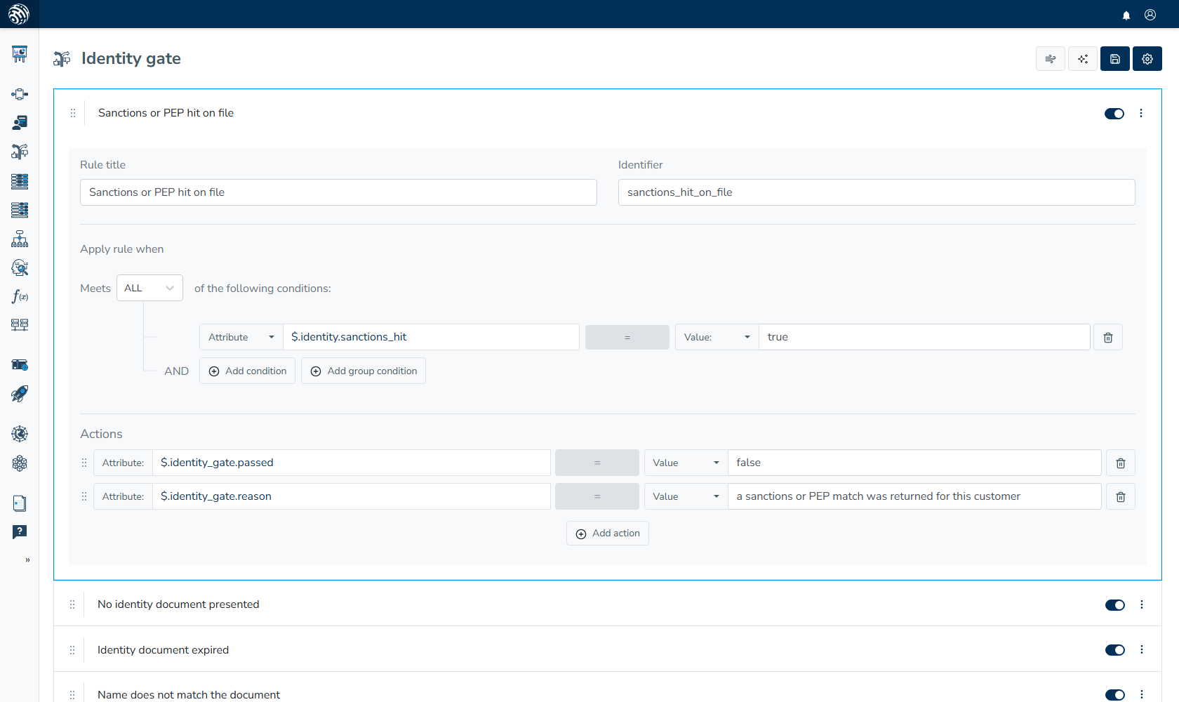 Identity gate rule editor showing a sanctions or PEP hit condition and actions setting passed to false with a reason