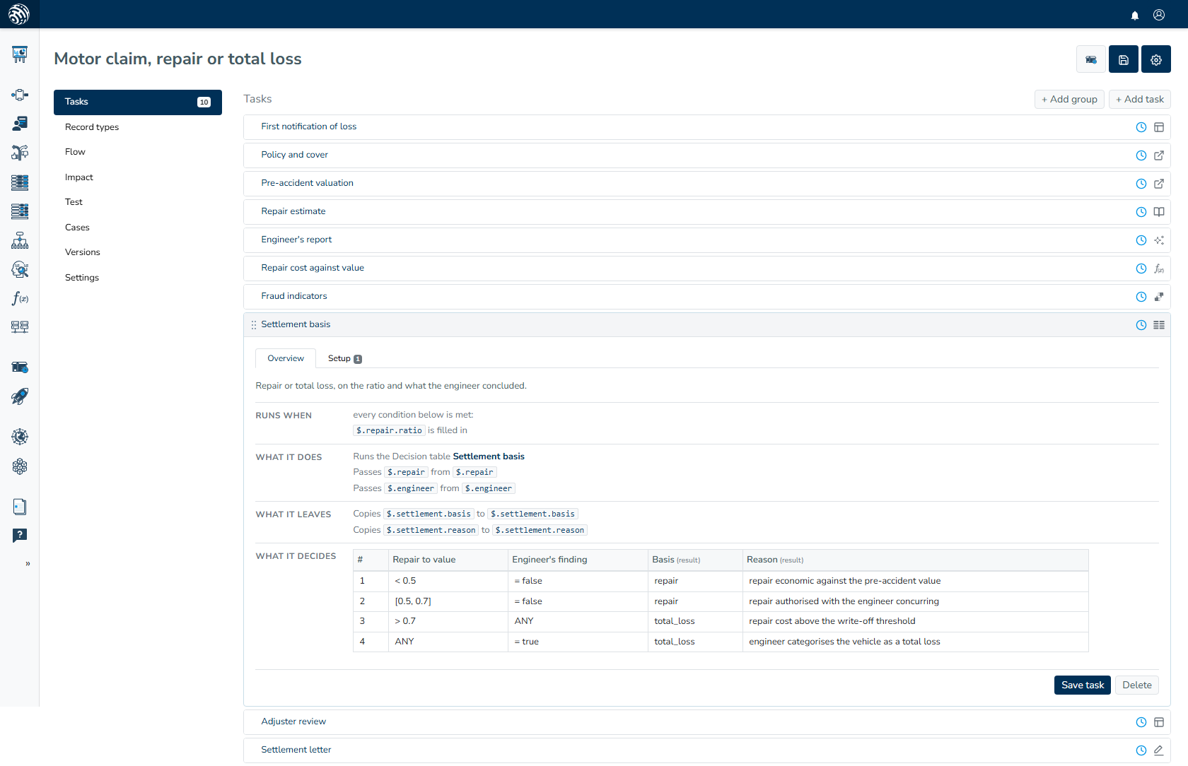 Claims task list with Settlement basis expanded, showing repair-to-value rules and repair or total-loss outcomes