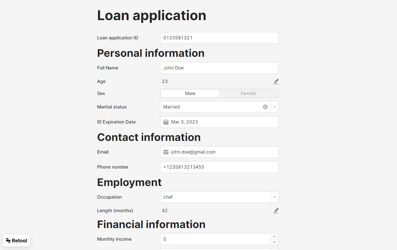 Loan Application Form app build with Retool and connected to decision engine