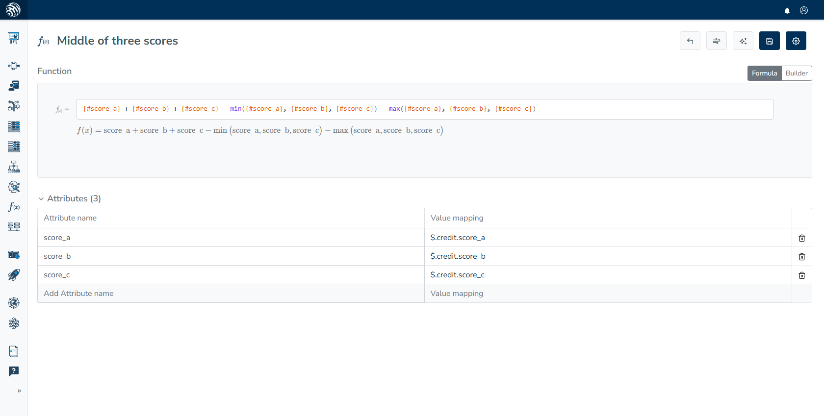 Custom function calculates the middle of three scores using score_a, score_b and score_c mapped from credit data